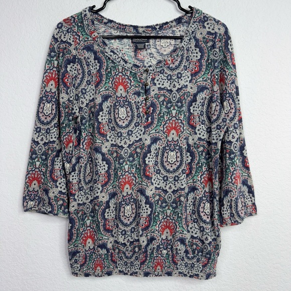 Lucky Brand Shirt Women M Paisley 3/4 Sleeve Peasant Boho Resort Vacation Casual - Picture 1 of 4